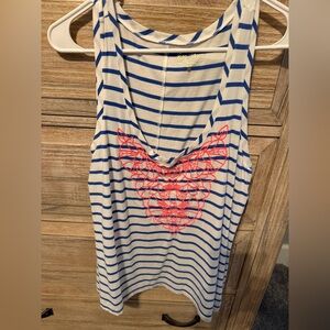 Striped Blue & White Tank with Pink Embroidered Detail